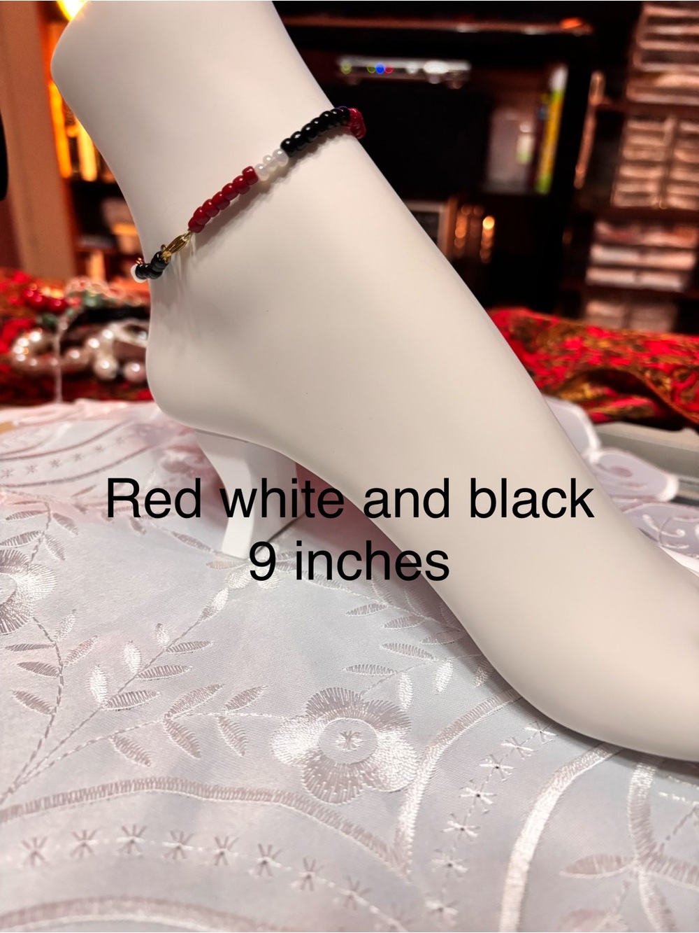 Handmade Beaded Anklet in Red, White & Black 9 inches